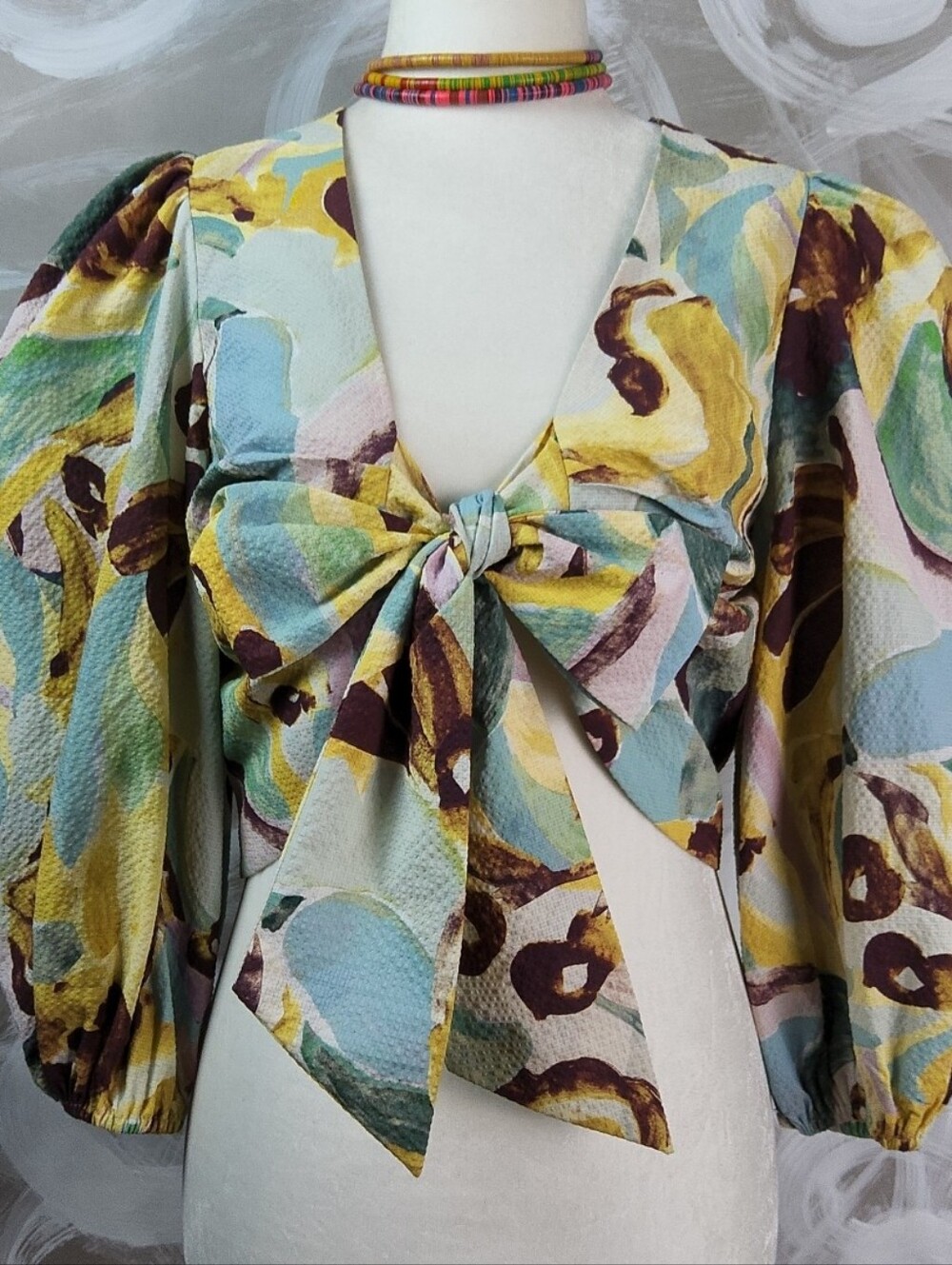 TED BAKER Wmns Sz 1 Small Bithana Top Blouse Tie Front Half Balloon Slv Designer